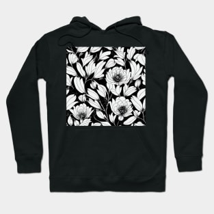 Black and White Vintage Floral Cottagecore Romantic Flower Peony Rose Leaf Design Hoodie